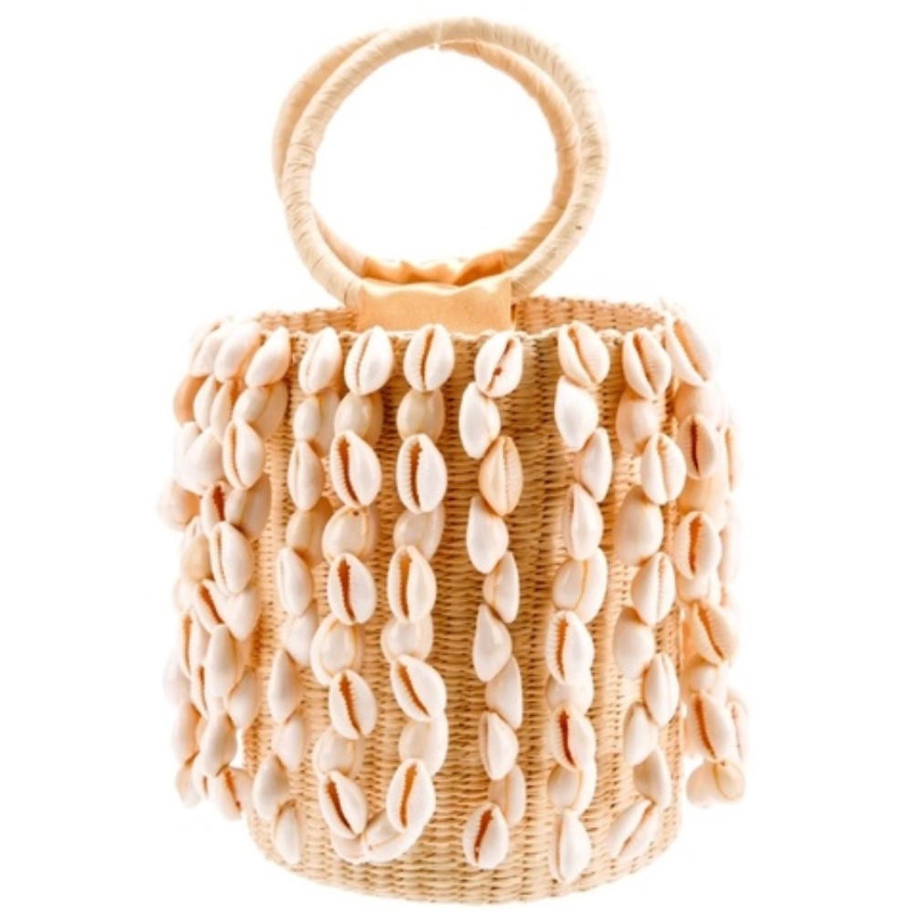 Sensi Studio Conch Shell Woven Straw Bucket Basket NEW